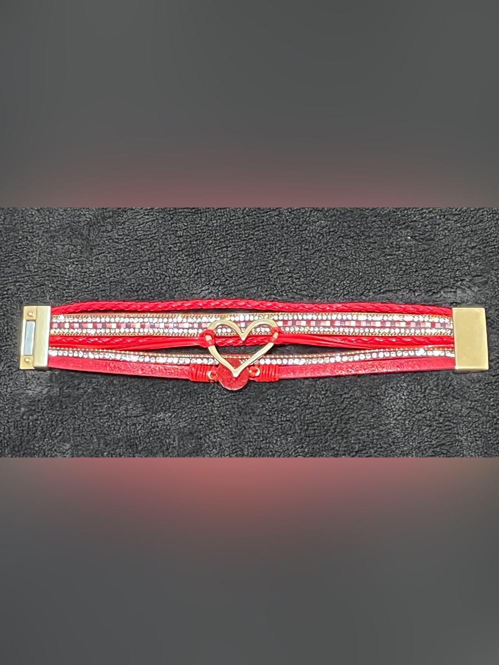 Boho Red Layered Leather Cuff Boutique Magnetic Bracelet Gold Heart Druzy Clasp - Picture 2 of 5